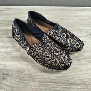 Toms Womens 7.5 Navy Gold Floral Lace Classic Alpargata Slip On Flats EUC